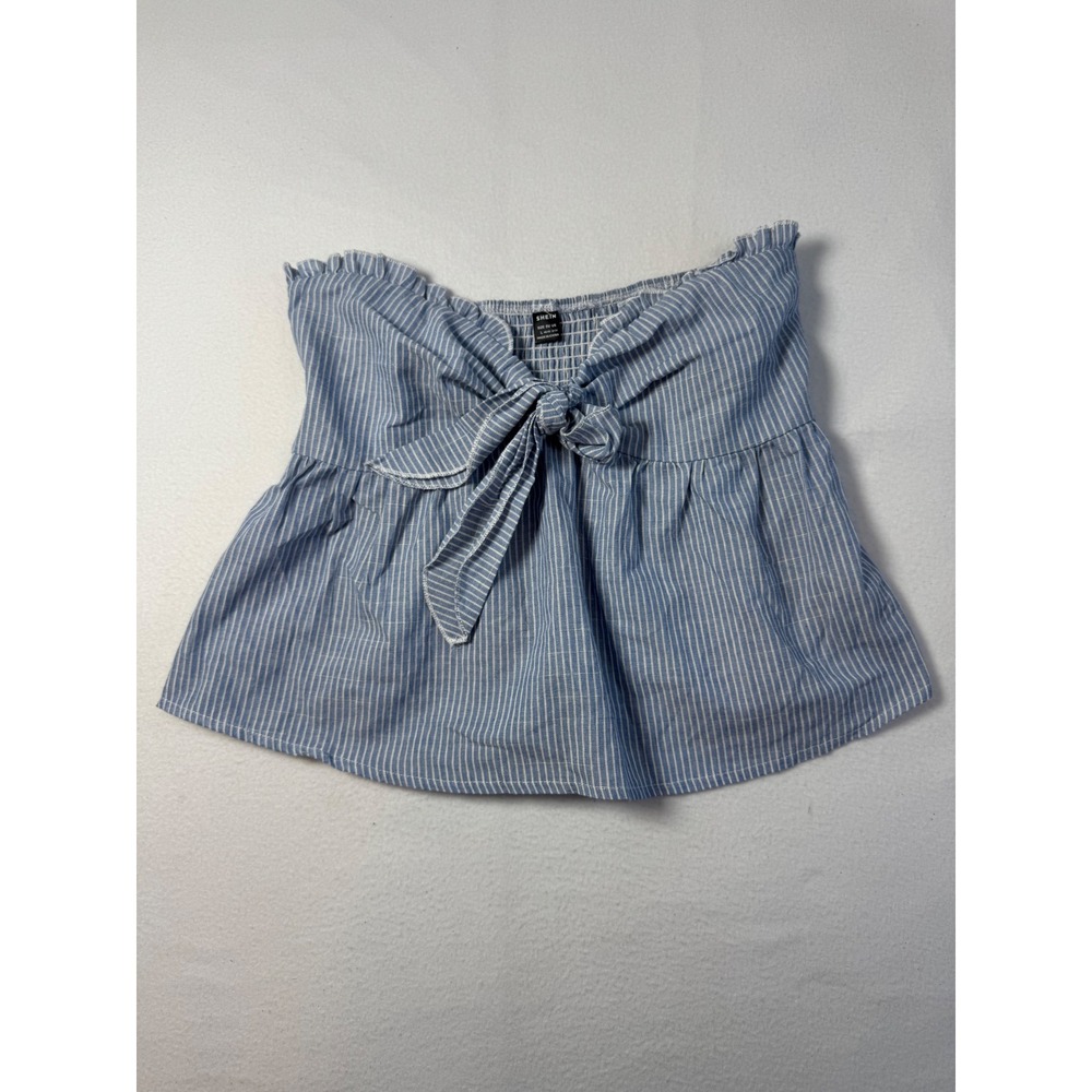 Coastal Summer Womens L Tube Top Blue White Pinstripe Tie Front Smocked Peplum